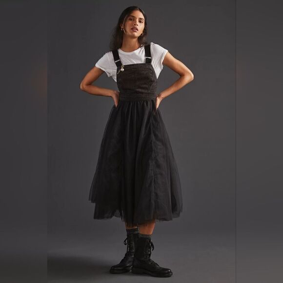 Anthropologie Denim Tulle Midi Dress In Black Size 2 NWT - Picture 1 of 14